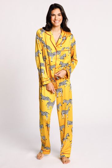 Chelsea Peers Mustard Zebra Satin Button Up Pyjama Set
