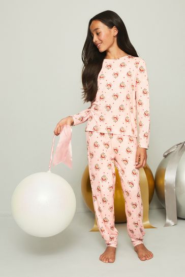 Lipsy Pink Reindeer Long Sleeve Christmas Pyjama Set