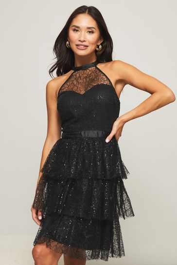Lipsy Black Regular Sequin Halter Dress