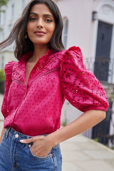 Love Roses Pink Broderie Frill Neck Blouse