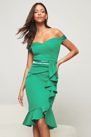 Lipsy ruffle bardot satin panel bodycon best sale