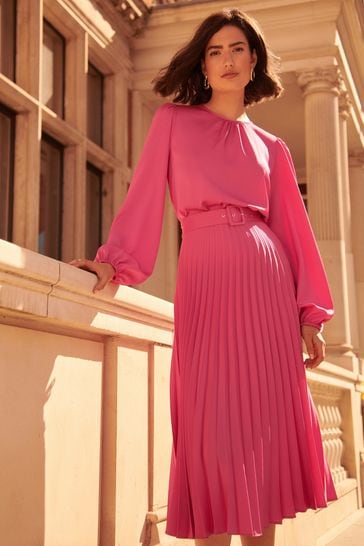 Love & Roses Pink Satin Belted Pleated Midi Dress