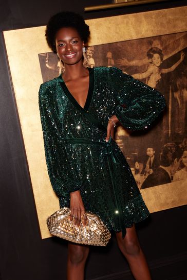 Love Roses Green Velvet Sequin Wrap Dress
