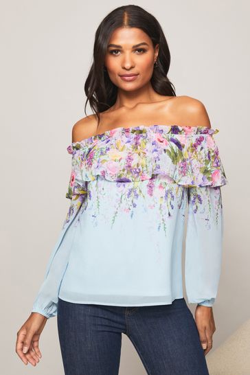 Blue and white bardot top online
