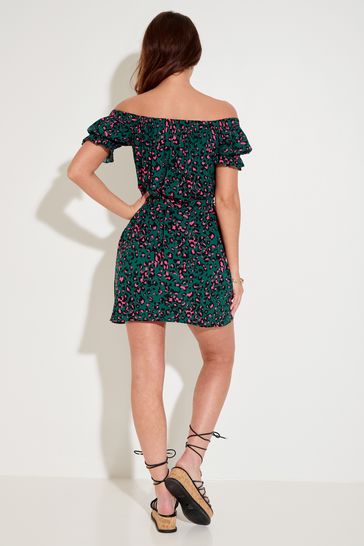 Pour Moi Green Woven Puff Sleeve Belted Bardot Dress