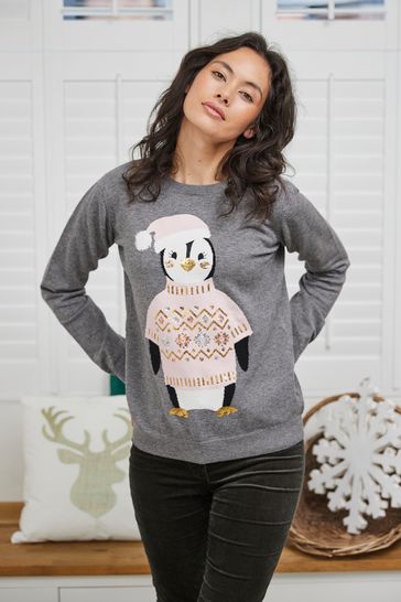 Society 8 Grey Penguin Christmas Jumper - Women