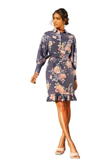 Chi Chi London Blue & Pink Floral Print Shirt Dress