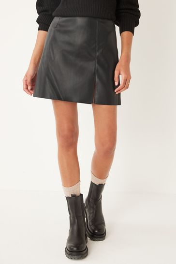 NOISY MAY Black Leather Look Mini Skirt with Slit Detail