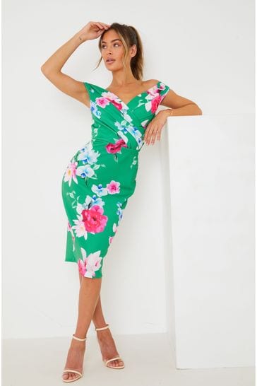 Sistaglam Bright Green Floral Bardot Midi Dress
