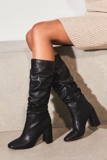 Lipsy Black Wide Fit Block Mid Heel Ruched Knee High Boot