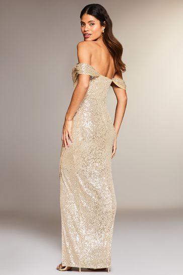 Buy Lipsy Gold Petite Sequin Bardot Split Drape Maxi Dress from Next Ireland