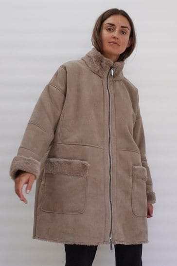 Religion Brown Faux Sheepskin Radiant Zip Coat With Patch Pockets