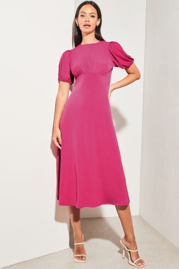 Lipsy Pink Jersey Puff Short Sleeve Underbust Summer Midi Dress