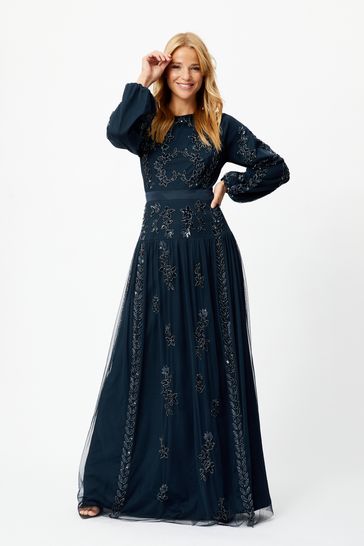 Maya Navy Blue Long Sleeve Lace Detail Embellished Modest Maxi Dress