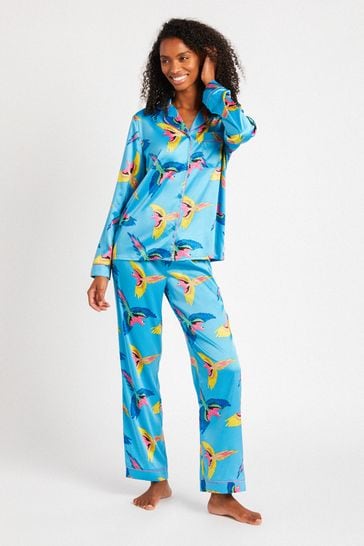 Chelsea Peers Blue Tropical Bird Satin Button Up Pyjama Set