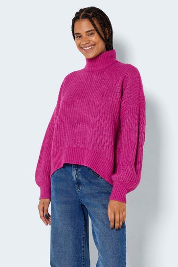 NOISY MAY Pink High Neck Jumper with Puff Sleeves