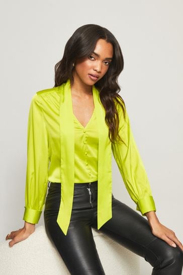 Lipsy Lime Satin Pussybow Blouse