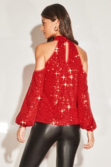 Red sequin cold sale shoulder top