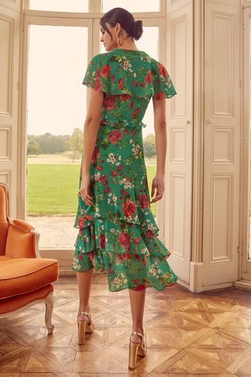 Buy Love Roses Green Floral Cape Flutter Sleeve Ruffle V Neck