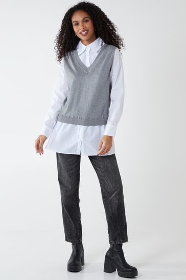 Blue Vanilla Grey & White 2 in 1 Knit Vest & Collared Shirt Top