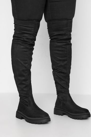Yours Curve Black Wide Fit Over The Knee Cleated Boot