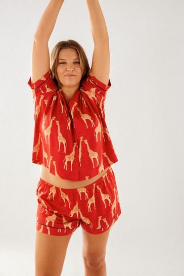 Buy Chelsea Peers Red Giraffe Curve Curve Satin Short Pyjama Set