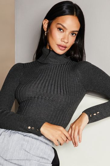 Lipsy Charcoal Grey Knitted Roll Neck Ribbed Button Detail Long Sleeve Jumper