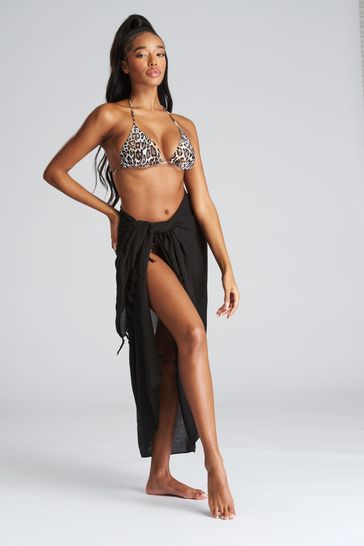 South Beach Black Crinkle Viscose Fringed Cover Up