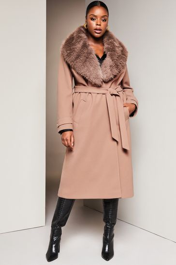 Lipsy Camel Curve Faux Fur Collar Belted Wrap Coat