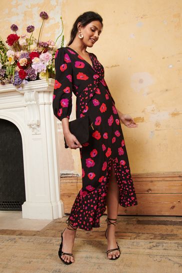 Black floral midi clearance dress