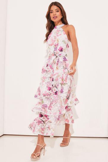 Lipsy gracie print halter tie frill midi best sale dress