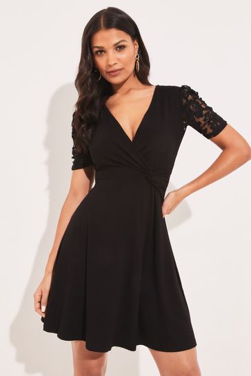 Lipsy Black Lace Jersey Knot Front Mini Skater Dress