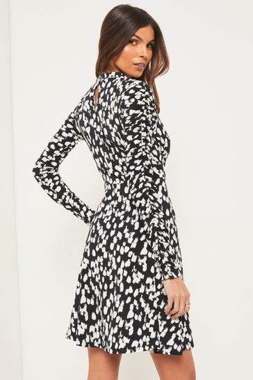 Lipsy Monochrome Jersey Long Sleeve Ruched Keyhole Mini Dress