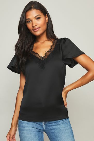 Lipsy Black Lace Trim V Neck T-Shirt