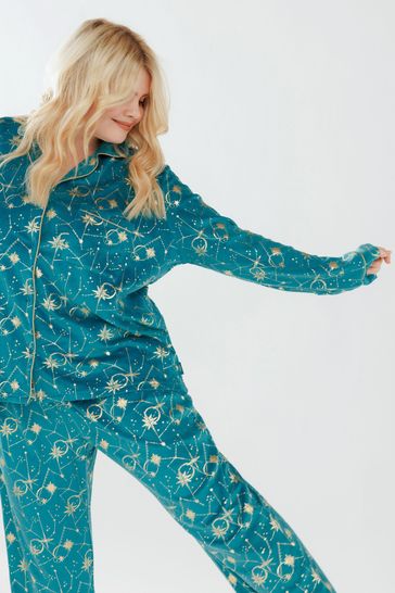 Chelsea Peers Green Curve Celestial Velour Button Up Long Pyjama Set