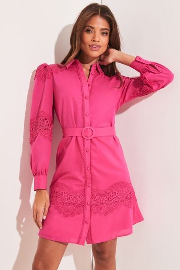 Lipsy Pink Long Sleeve Lace Insert Belted Shirt Dress
