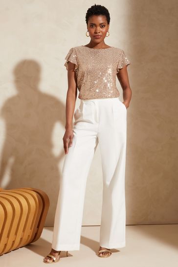Love Roses Gold Sequin Ruffle Short Sleeve Shell Top