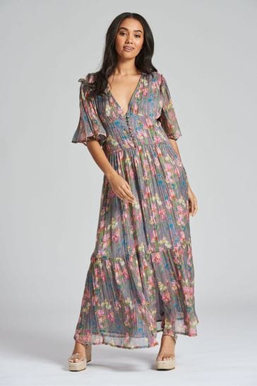 Buy South Beach Grey Metallic Floral Button Detail Midi Dress from