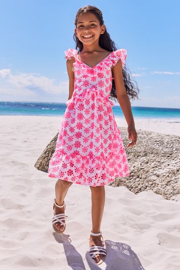 Buy Lipsy Pink Broderie Ruffle Short Sleeve Tiered Trapeze Dress