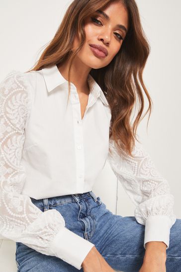 Lipsy White Lace Collared Button Through Shirt