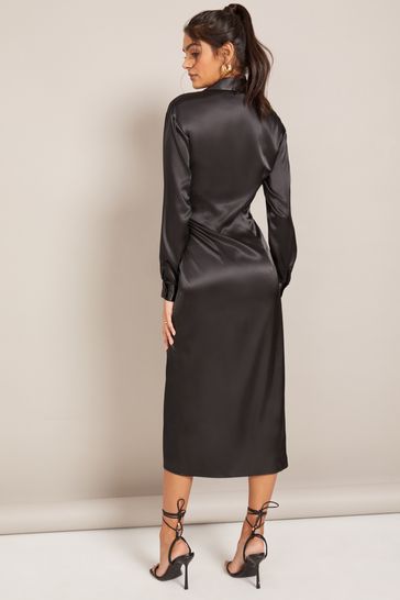 Black satin wrap sales dress long sleeve