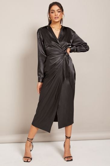 Black satin wrap deals dress long sleeve