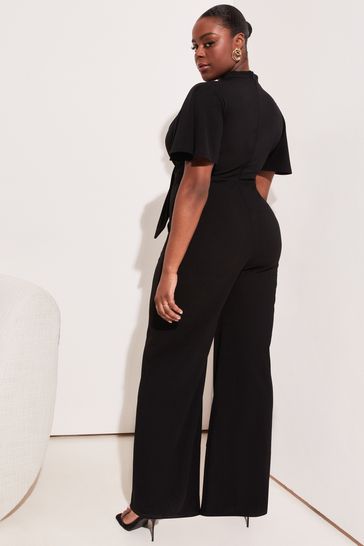 Buy Lipsy Black Curve Flutter Sleeve V Neck Tie Front Wide Leg