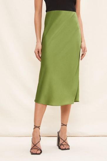 Friends Like These Green Olive Satin Bias Summer Midi Skirt