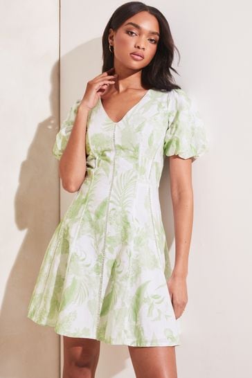 Lipsy Green Print Puff Sleeve Mini Tea Dress