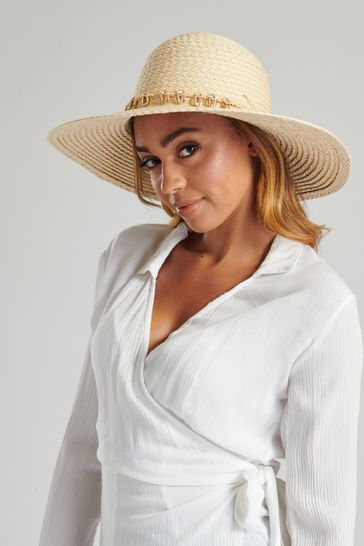 Buy South Beach Cream Wide Brim Sun Hat With Seashell Detail from