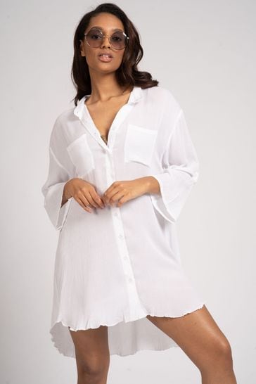 South Beach White Crinkle Beach Shirt With Pocket