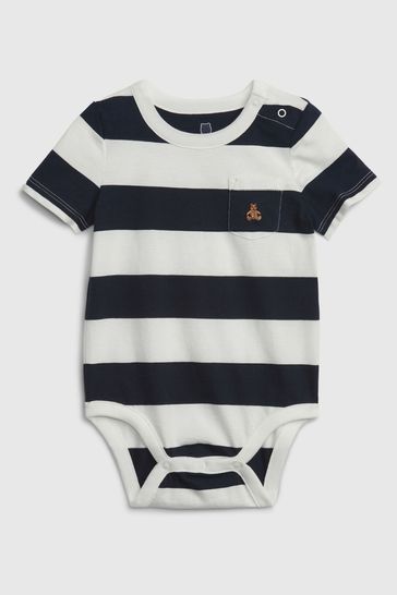 Gap White & Navy Blue Stripe Pocket Short Sleeve Baby Bodysuit