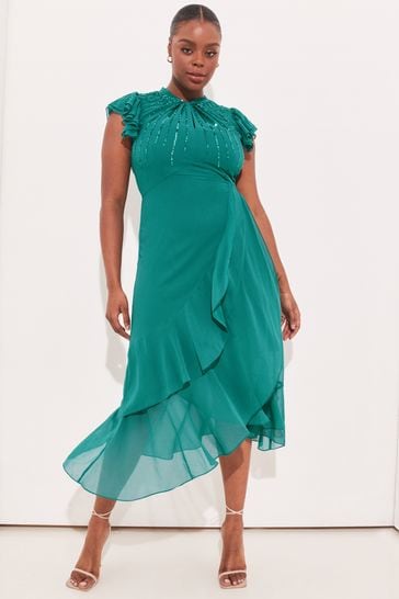 Lipsy Green Curve Embellished Fit and Flare Midi Dress