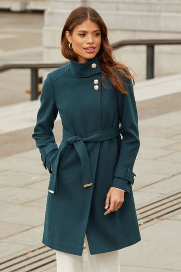 Lipsy Teal Green Military Button Wrap High Neck Belted Coat